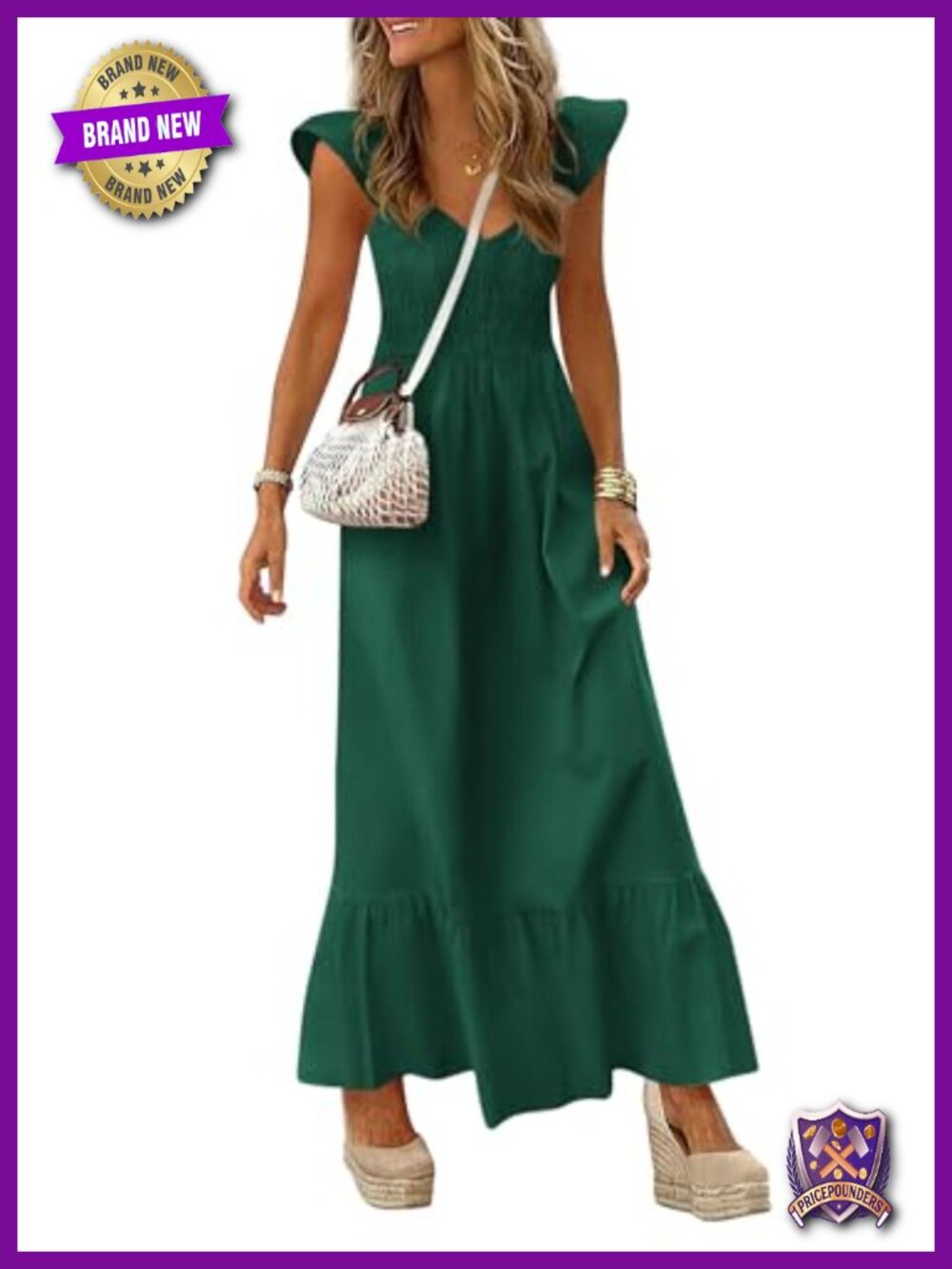 Cap Sleeve V Neck Smocked Maxi Dress with Pockets